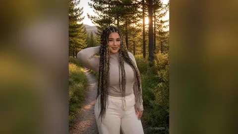 Woman with long braids in a beige long-sleeve top walking on a forest path during a golden hour sunset.