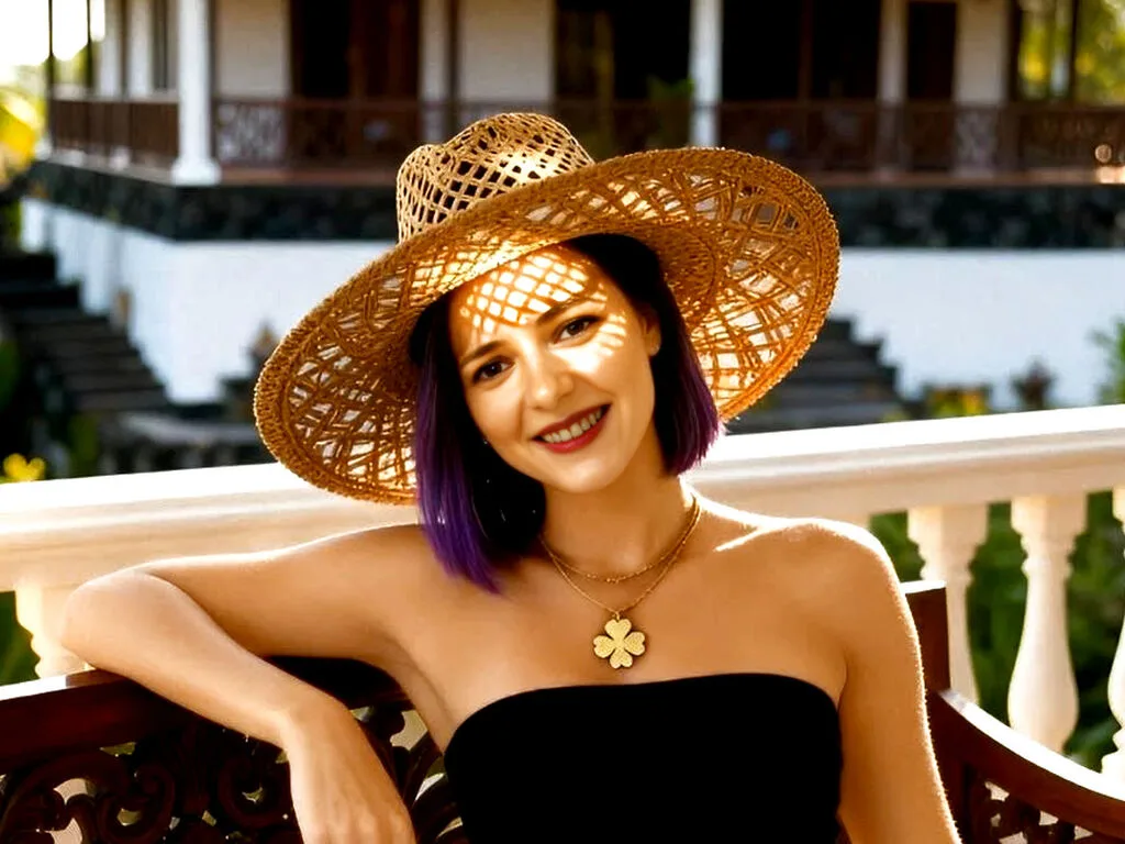 MarianBells — MarianBells smiles while wearing a large straw hat and a black tube top on a sunny balcony.