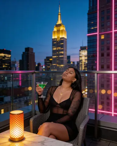 GoddessHoneyXO — GoddessHoneyXO sits on a rooftop at night wearing a sheer black outfit and holding a green cocktail with the Empire State Building behind her.