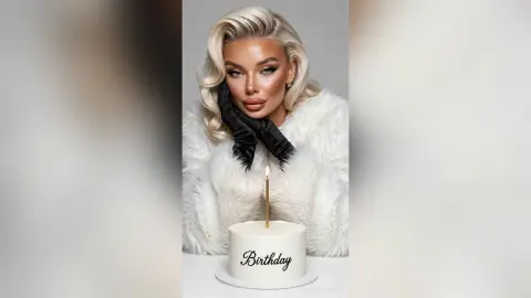 Glamorous blonde woman in a white faux fur coat posing with a white birthday cake in a studio setting.