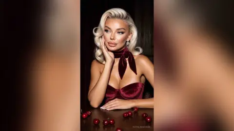 Glamorous blonde woman in a red velvet corset posing elegantly at a dark table with cherries.