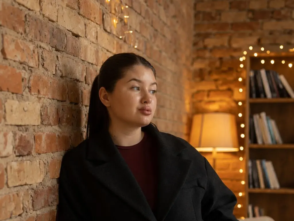 Young woman in a black coat leaning against a brick wall in a cozy, warm-lit room.