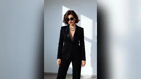 Stylish woman in a black blazer and sunglasses posing confidently in a minimalist bright studio setting.