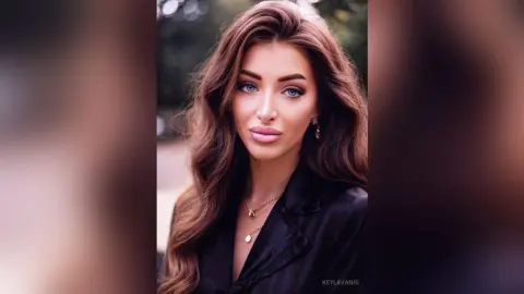 Elegant woman with long wavy brown hair wearing a black ruffled blouse in a soft outdoor setting.