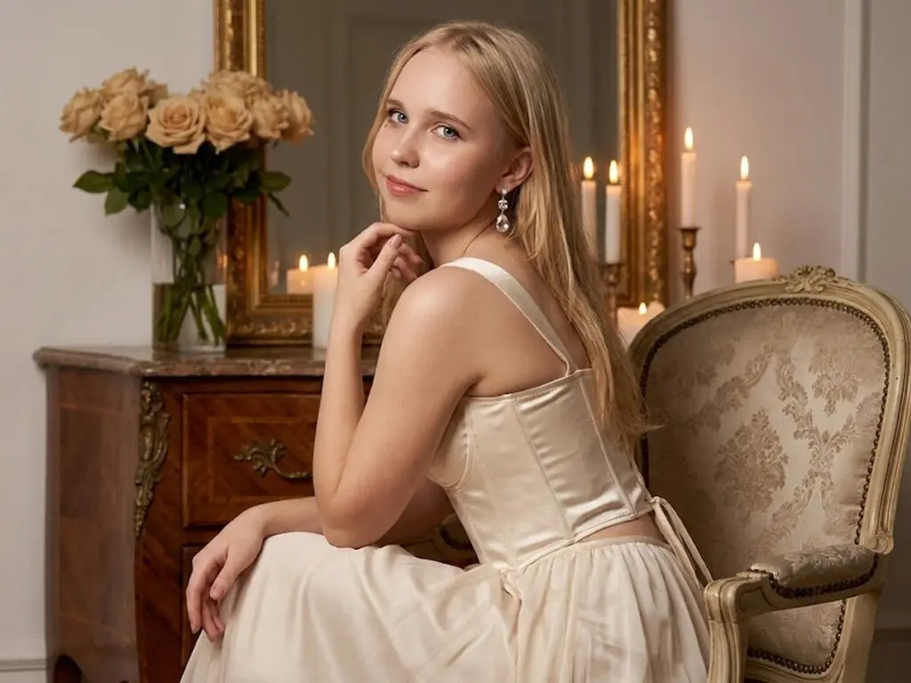Blonde woman in a cream satin dress sitting by a bouquet of roses and glowing candles in a classic room.