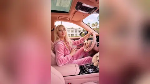Blonde woman in pink velvet loungewear relaxing in a luxury car interior with a drink.