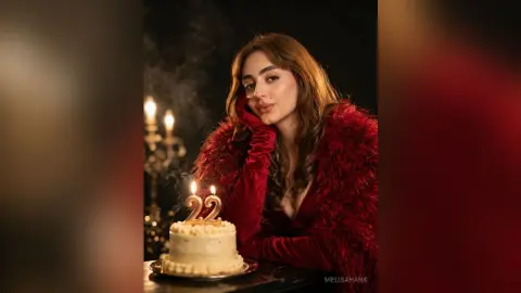 Young woman in a red velvet outfit celebrating her 22nd birthday with a lit candle cake in a moody setting.