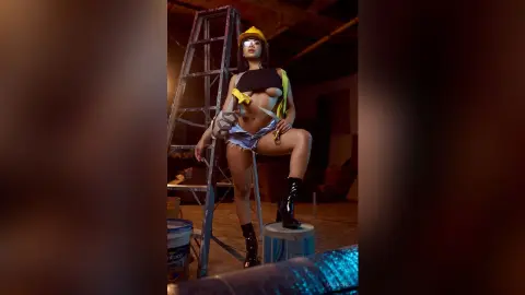 MiaKorz poses in a construction outfit with a yellow hard hat, black crop top, and denim shorts while standing next to a ladder.