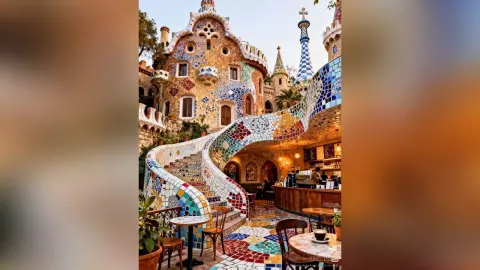 Colorful mosaic tiled cafe terrace with outdoor seating at a whimsical Mediterranean style building.