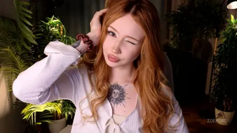 Redheaded woman in a white ribbed top with sun tattoos posing in a cozy room filled with indoor plants.