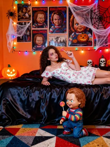 Woman in floral dress eating lollipop on a bed surrounded by Chucky horror movie posters and spooky decor.