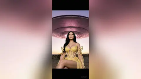 Glamorous woman in a gold corset gown standing before a massive UFO in a surreal desert landscape.