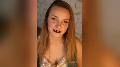 Young woman with long blonde hair and dark lipstick wearing a sparkly sequin top in a soft indoor setting.