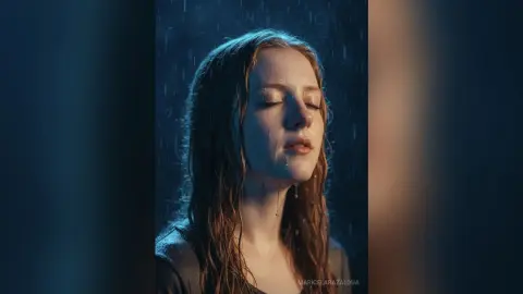 Melancholic portrait of a young woman with wet hair standing in the rain under moody blue lighting.