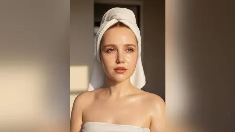 Young woman with glowing skin and white towel wrap in warm, serene morning sunlight.