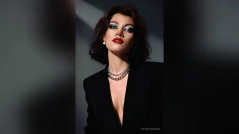 Glamorous woman in a black blazer and silver chain necklace with bold red lips and smoky eye makeup.