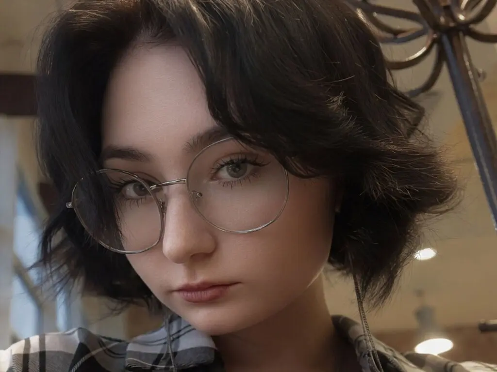 Young woman with short dark hair and round glasses wearing a plaid shirt in a soft indoor setting.