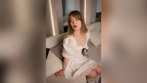 Young woman in a white lace sundress sitting on a bed in a bright, modern bedroom with a soft, dreamy mood.