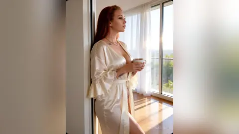 Redheaded woman in a cream silk robe holding coffee by a bright window in a cozy, sunlit room.