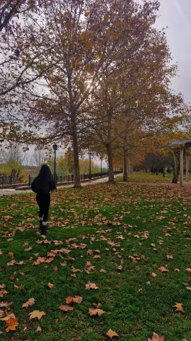 DashaRodriiguez stands in a park or garden setting, surrounded by large trees with autumn leaves and fallen leaves covering the green grass.