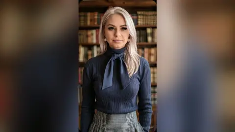 Elegant blonde woman in a navy blue turtleneck and bow blouse posing in a classic library setting.
