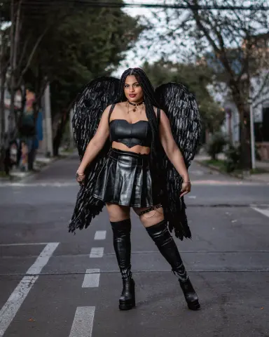 Woman in black leather outfit and feathered angel wings posing on a city street with a moody aesthetic.