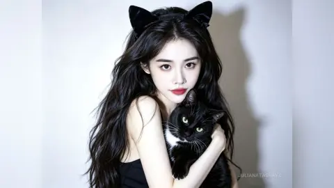 Young woman with long dark hair wearing cat ears holding a black and white cat against a white background.