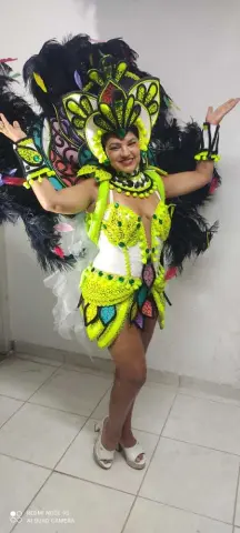 Smiling woman in a vibrant lime green and white carnival costume with large black feather wings.