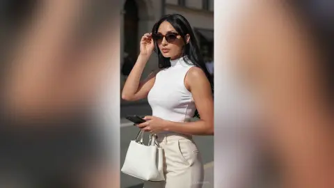 Stylish woman in a white sleeveless turtleneck and trousers wearing sunglasses in a sunny outdoor setting.