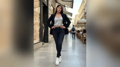 Stylish woman in black blazer and jeans posing on a sunny city street in chic urban fashion.