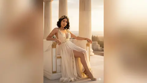 Elegant woman in a flowing white Grecian gown posing on a marble balcony during a golden hour sunset.