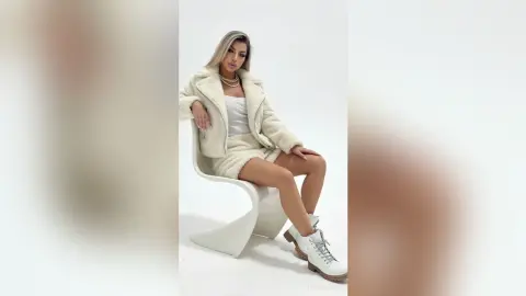 NicolePeach poses sitting on a white chair wearing a white fuzzy jacket, a white tank top, and a matching white skirt with white boots.