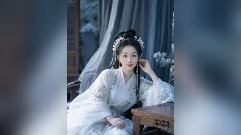 Elegant woman in traditional white Hanfu with floral hair accessories sitting in a serene, dreamy garden setting.