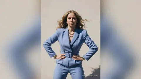 Confident woman in a light blue power suit standing against a minimalist beige wall in bright sunlight.