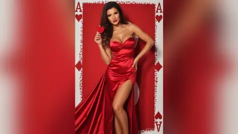 Glamorous woman in a red satin evening gown posing against a giant Ace of Hearts playing card background.