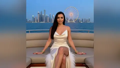 Elegant woman in a white satin slip dress sitting on a luxury yacht with Dubai skyline and Ferris wheel background.