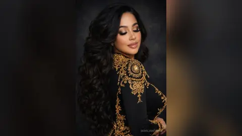 Elegant woman with long wavy hair wearing a black gown with intricate gold embroidery in a moody studio setting.