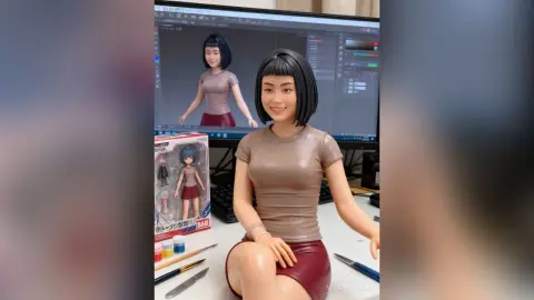 Stylized female fashion doll in a brown t-shirt and red skirt sitting in front of a 3D modeling computer screen.