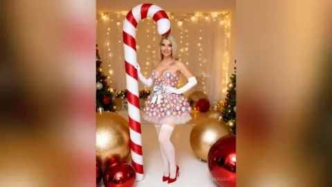 Blonde woman in a festive candy cane themed dress posing with a giant candy cane in a cozy Christmas setting.