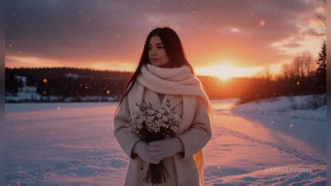 Young woman in a white coat and scarf holding a bouquet in a snowy winter landscape at sunset.