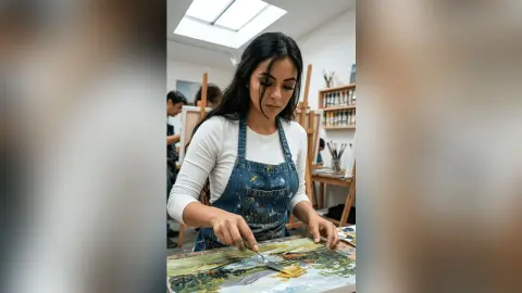 Young female artist in white shirt and denim apron painting a landscape in a bright art studio.