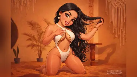 Cartoon illustration of a beautiful woman in a white bikini relaxing on a sandy beach at sunset.