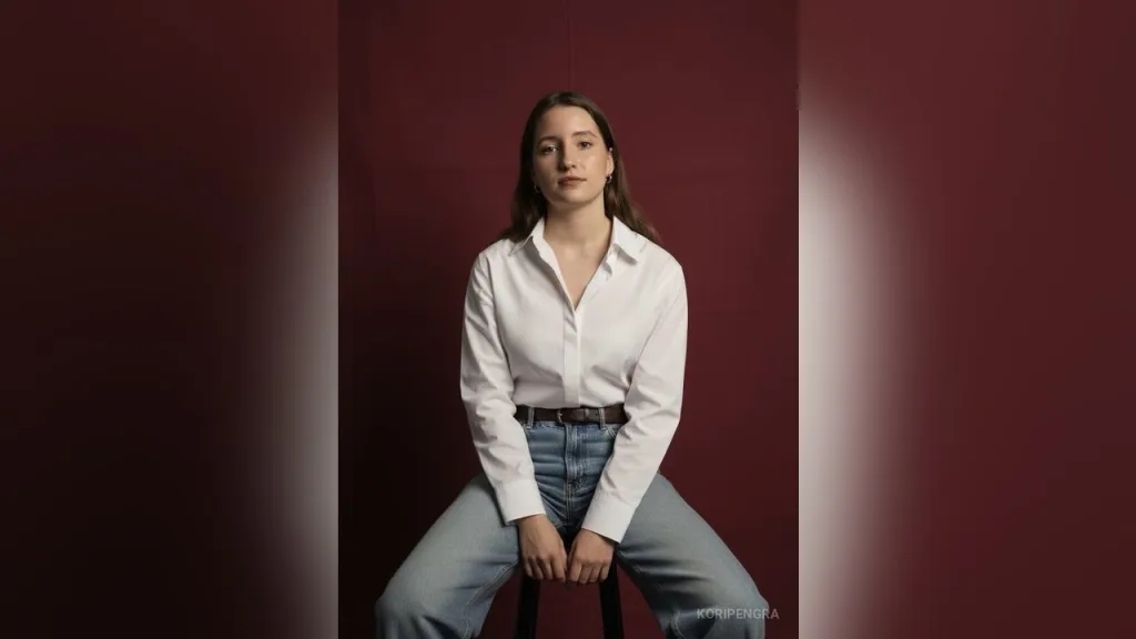 KoriPengra looks off-camera while holding her neck with both hands against a dark background.
