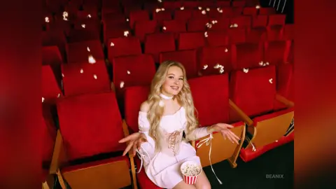 BeaNix sits in a red theater seat wearing a white lace corset and choker, holding a bucket of popcorn.