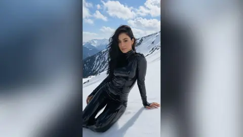 Woman in black shiny bodysuit sitting on snowy mountain slopes under a blue sky.