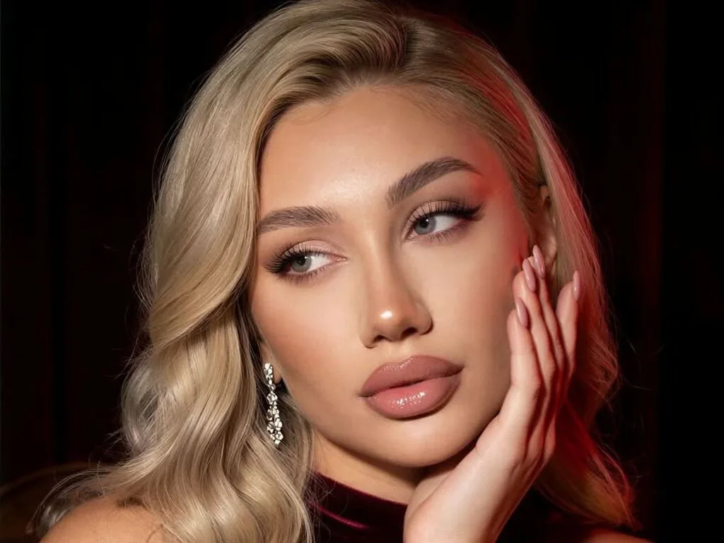 RosalinLafayette poses with her hand on her cheek, showing her blonde hair and glamorous makeup.