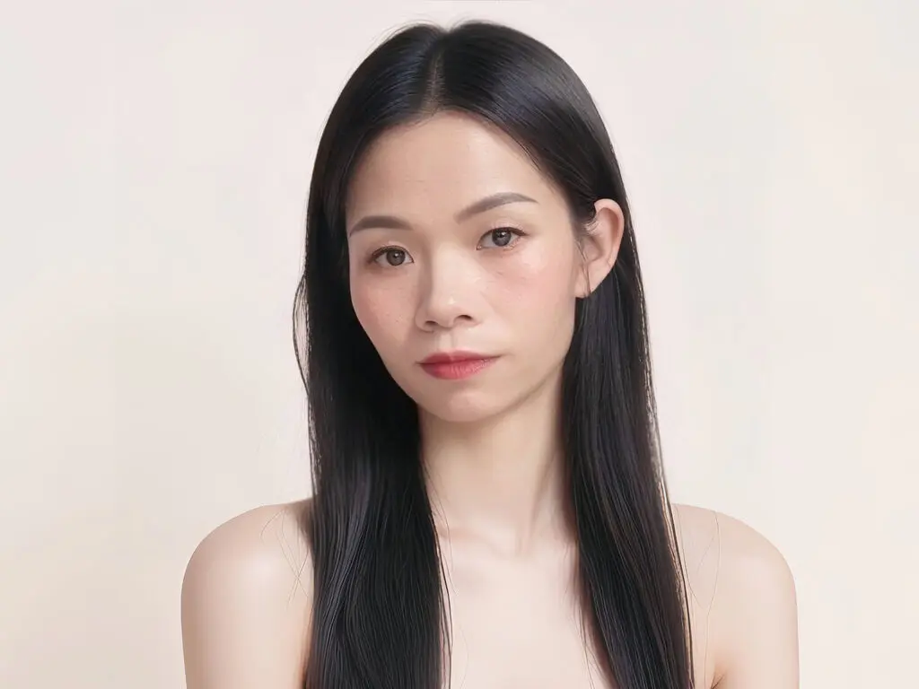 ArianaHuiHui looks directly at the camera with long, straight black hair and bare shoulders against a plain light background.