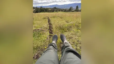 Person in olive green trousers sitting in a grassy field overlooking a scenic mountain landscape.