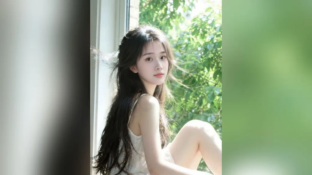 miaomiao — miaomiao sits by a window in a white tank top with her long dark hair flowing.