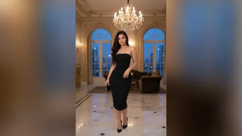 Elegant woman in a black strapless midi dress posing in a luxury penthouse with a crystal chandelier.